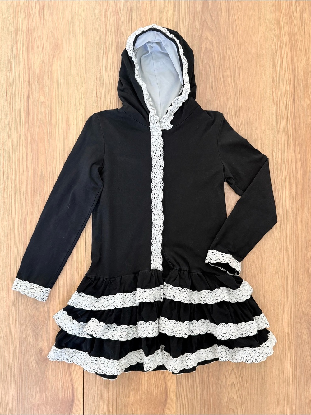 Black Hoodie Dress Jacket with White Lace Trim - Kids Jackets & Coats- Girls 19